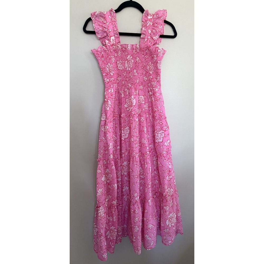 J.Marie Ruffle Strap Midi Dress Pink‎ Floral Square Neck Women's Size XS